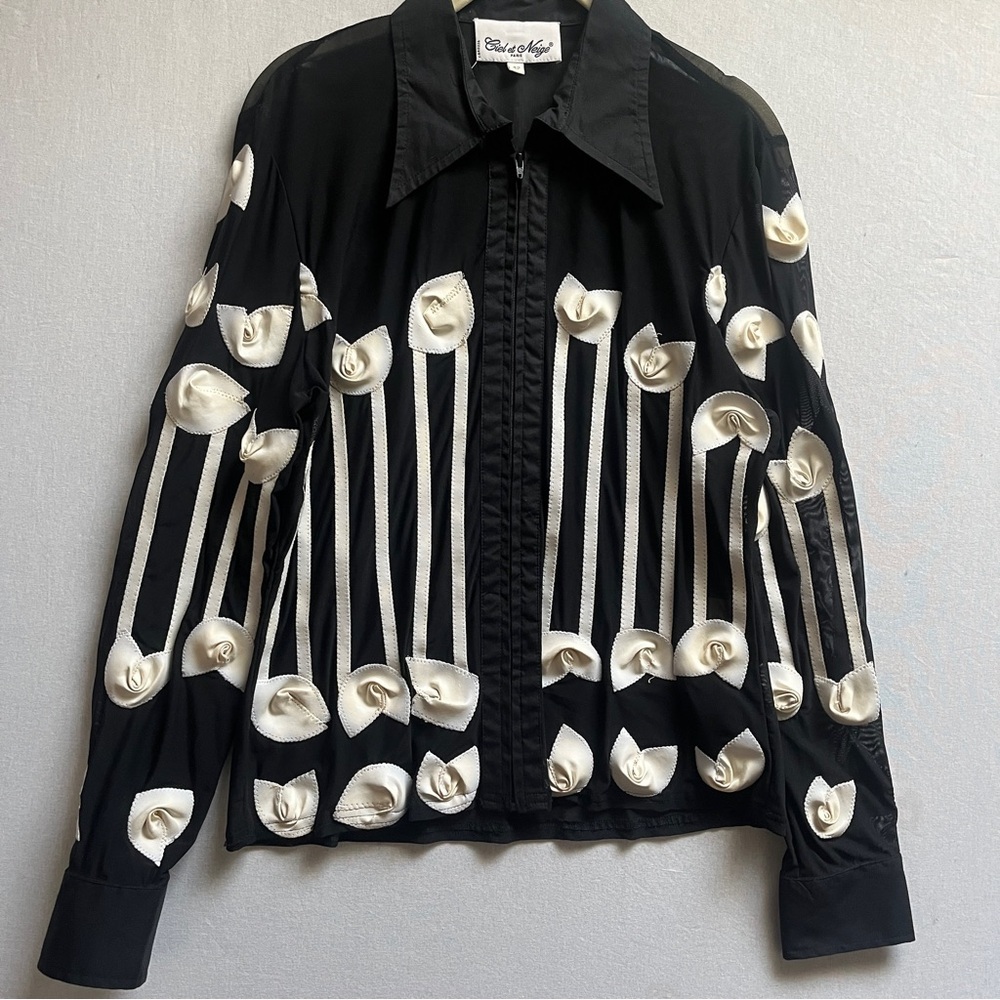 Ciel et Neige Paris Black Sheer Appliqué Floral Blouse Size 42